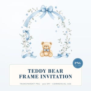 Teddy Bear Clipart Frame: Watercolor Baby Boy Invitation Border (PNG Digital Download)