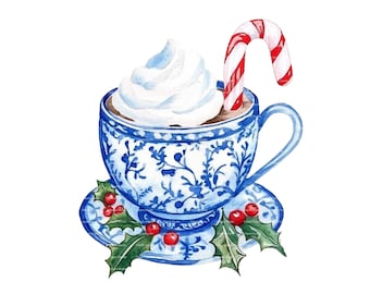 Chinoiserie Christmas Mug Clipart: Watercolor Holly Berry (Digital Download)