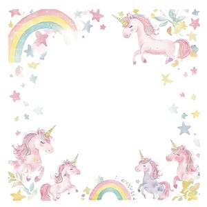 Baby Mädchen Einladung Einhorn Regenbogen Clipart Bordüre Baby Shower Geburtstag Aquarell Rahmen PNG Rosa Digital Download Karte Junk Journal