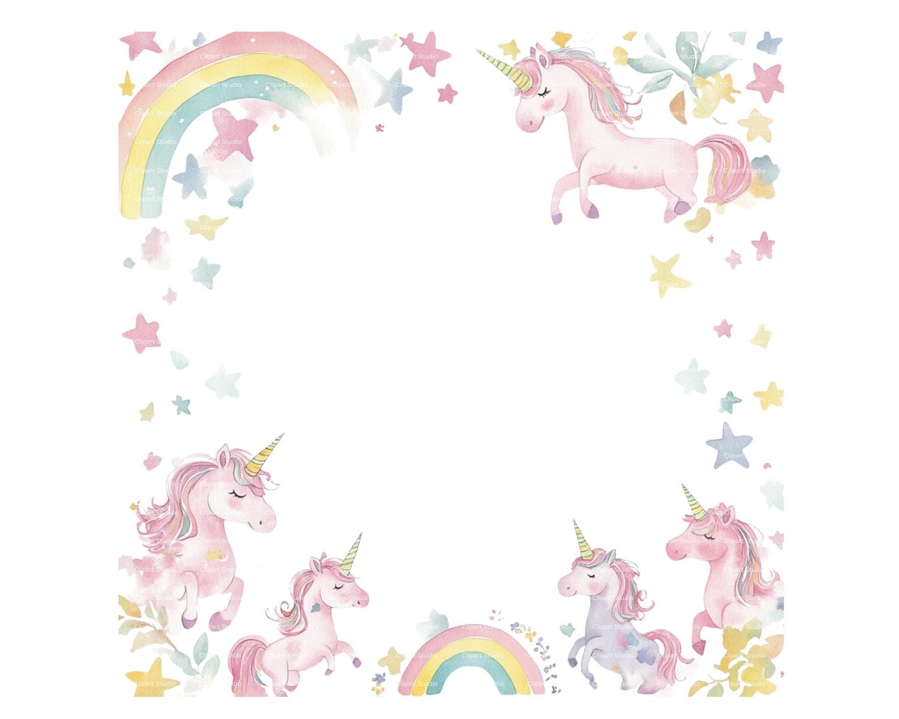Unicorn Rainbow Clipart Border: Watercolor Baby Girl Invitation (PNG  Digital Download) - Etsy, image size:1781x1425