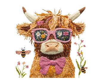 Faux Embroidery Highland Cow Clipart: Wildflower Sunglasses (PNG Digital Download)