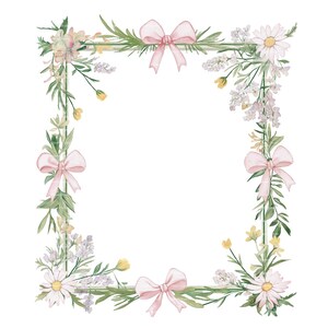 May include: A square frame made of green vines and pink bows, decorated with white daisies, lavender, and yellow flowers.