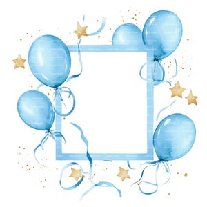 Baby Boy Invitation Balloon Frame Clipart Border Baby Shower Birthday Watercolor Frame PNG Blue Digital Download Card Junk Journal