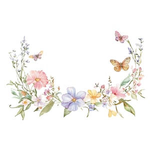 Bordure de cliparts cadre papillon fleurs sauvages PNG pour carte d'invitation carte de remerciement Clipart aquarelle imprimable en téléchargement numérique Junk Journal