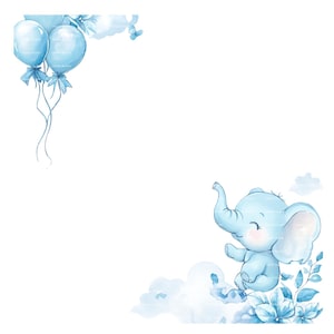 Invito per neonato Elefante Fiocco Clipart Bordo Baby Shower Compleanno Acquerello Cornice PNG Blu Download digitale Carta Giornale spazzatura