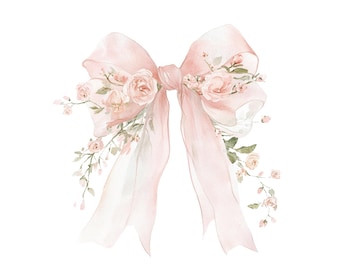 Pink Coquette Ribbon Bow Watercolor Clipart: Floral PNG (Digital Download)