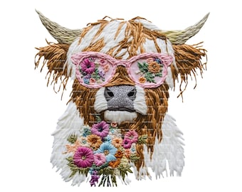 Faux Embroidery Highland Cow Clipart: Spring Wildflower Bow (PNG Digital Download)