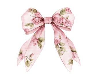 Pink Floral Coquette Ribbon Bow Clipart: Watercolor Print (Digital Download)