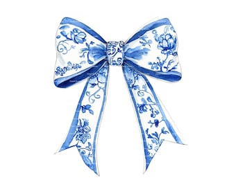 Chinoiserie Bow Clipart: Blue Floral Watercolor Ribbon (Digital Download)
