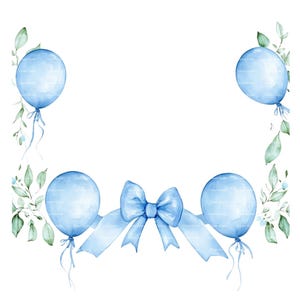 Convite para bebê menino Balão Moldura Clipart Borda Verde Chá de bebê Aniversário Moldura Aquarela PNG Azul Digital Download Cartão Junk Journal