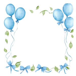 Invitation bébé garçon cadre ballon Clipart bordure verdure Baby Shower anniversaire cadre aquarelle PNG bleu téléchargement numérique carte Journal indésirable