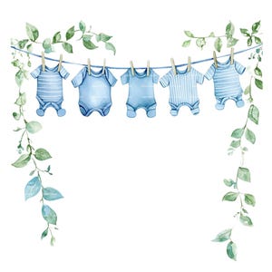 Uitnodiging babyjongen kleding clipart groen grens babyshower verjaardag aquarel frame PNG blauw digitale download kaart ongewenste dagboek