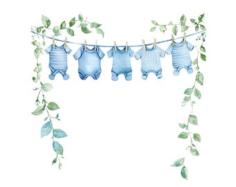 Baby Boy Clothesline Clipart: Watercolor Greenery Border (PNG Digital Download)