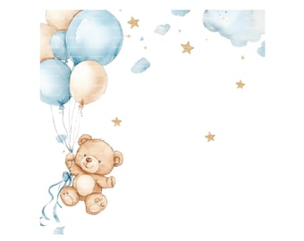 Teddy Bear Clipart: Watercolor Baby Boy Invitation Border (PNG Digital Download)