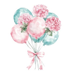 Globo de cumpleaños Coquette Clipart Clavel Mes de nacimiento de enero Flor para invitación Tarjeta de agradecimiento Descarga digital Diario basura