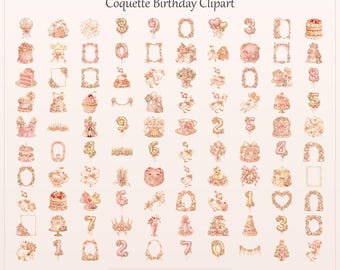 Coquette Birthday Clipart Bundle, Pink Gold Cakes, Balloons, Frames (100 PNG Files)