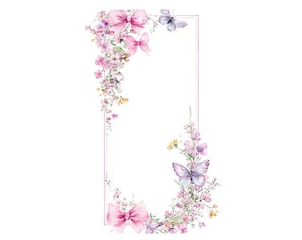Watercolor Butterfly Bow Frame Clipart: Floral Invitation Border (PNG Digital Download)