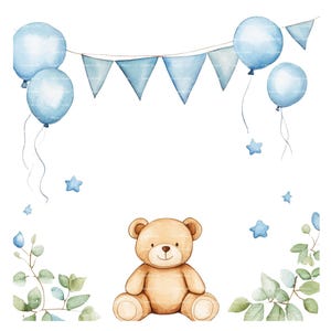 Baby Boy Invitation Teddy Bear Clipart Border Baby Shower Birthday Watercolor Balloon Frame PNG Blue Digital Download Card Junk Journal