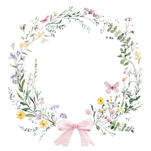 Marco PNG con borde de mariposa y flores silvestres, clipart para invitación, tarjeta de agradecimiento, clipart de acuarela imprimible, descarga digital, diario basura