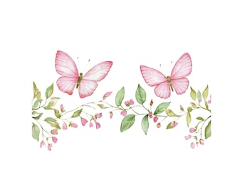 Butterfly Clipart: Watercolor Flower Border, Baby Girl Invitation (PNG Digital Download)