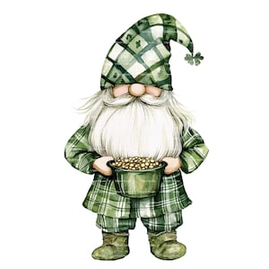 St Patricks Day Gnome Watercolor Clipart: Green Clover PNG (Digital Download)