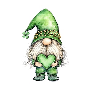St Patricks Day Gnome Watercolor Clipart PNG Cute Green Clover St Pattys Day Instant Digital Download Gift Junk Journal Stickers