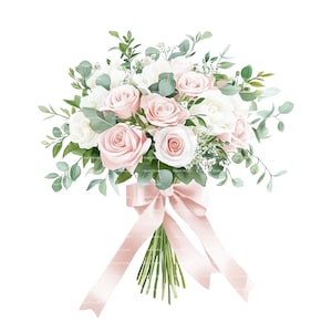 Bouquet de mariage Clipart roses Eucalyptus rose et blanc Invitation carte de remerciement Imprimable aquarelle Clipart Digital Download Junk Journal