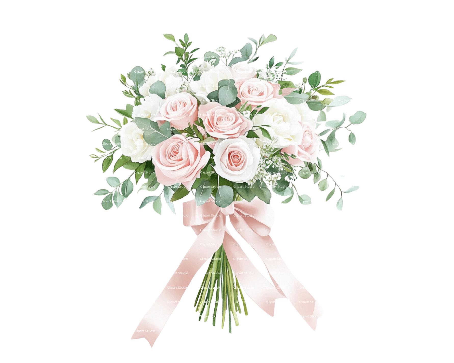 Watercolor Wedding Bouquet Clipart: Pink Roses & Eucalyptus (Digital Download)