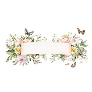 Wildflower Butterfly Bow Border Clipart Frame PNG per invito, biglietto di ringraziamento, stampabile, acquerello, clipart, download digitale, Junk Journal