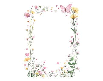 Wildflower Butterfly Heart Frame: Watercolor Clipart Border (Digital Download)