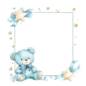 Invito per neonato Orsetto Fiocco Clipart Bordo Baby Shower Compleanno Acquerello Cornice PNG Blu Download digitale Carta Giornale spazzatura