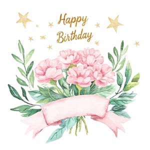 Feliz cumpleaños Clipart Acuarela Ramo de flores PNG para invitación de enero Gracias Descarga digital instantánea Diario basura