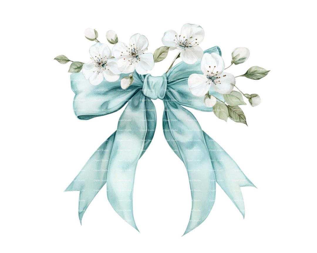 Coquette Ribbon Bow Watercolor Clipart: Blue Floral PNG (digital ...