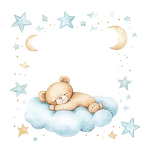Baby Boy Invitation Teddy Bear Clipart Border Moon Stars Baby Shower Birthday Watercolor Frame PNG Blue Digital Download Card Junk Journal