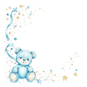 Baby Boy Invitation Teddy Bear Bow Clipart Border Baby Shower Birthday Watercolor Frame PNG Blue Digital Download Card Junk Journal