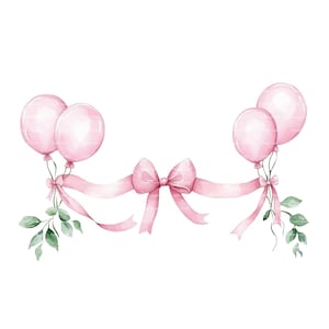 Invitation bébé fille noeud rose ballon Clipart verdure Baby Shower anniversaire cadre aquarelle PNG carte en téléchargement numérique Journal indésirable