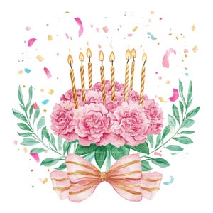Ramo de claveles de cumpleaños, coqueta, clipart, mes de nacimiento, flores, velas PNG para invitación, agradecimiento, descarga digital instantánea, diario basura