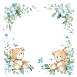 Baby Boy Invitation Teddy Bear Clipart Border Baby Shower Birthday Watercolor Frame PNG Blue Digital Download Card Junk Journal