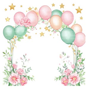 Arco de cumpleaños Mes de nacimiento Clipart Clavel Globo Enero Flor de nacimiento para invitación Tarjeta de agradecimiento Descarga digital Diario basura
