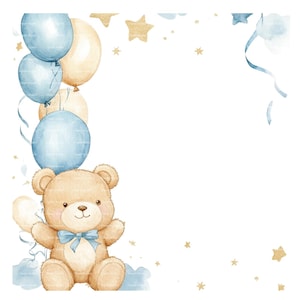 Invitation bébé garçon ours en peluche bordure Clipart Baby Shower anniversaire aquarelle ballon cadeau cadre PNG bleu carte de téléchargement numérique Junk Journal