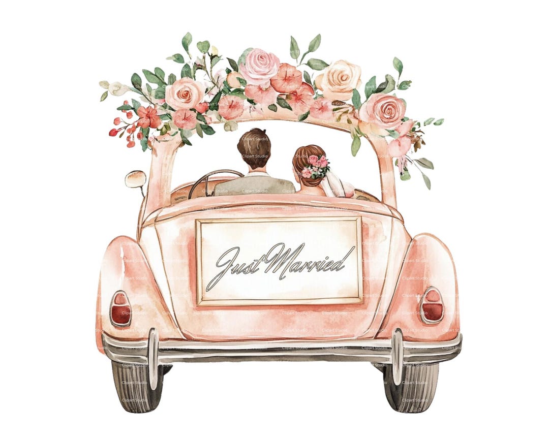 Watercolor Just Married Car Clipart: Bride and Groom PNG (digital ...