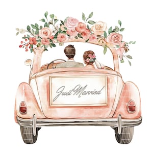 Just Married Car bruid en bruidegom bruiloft clipart voor uitnodiging bedankkaart afdrukbare aquarel clipart digitale download junk Journal
