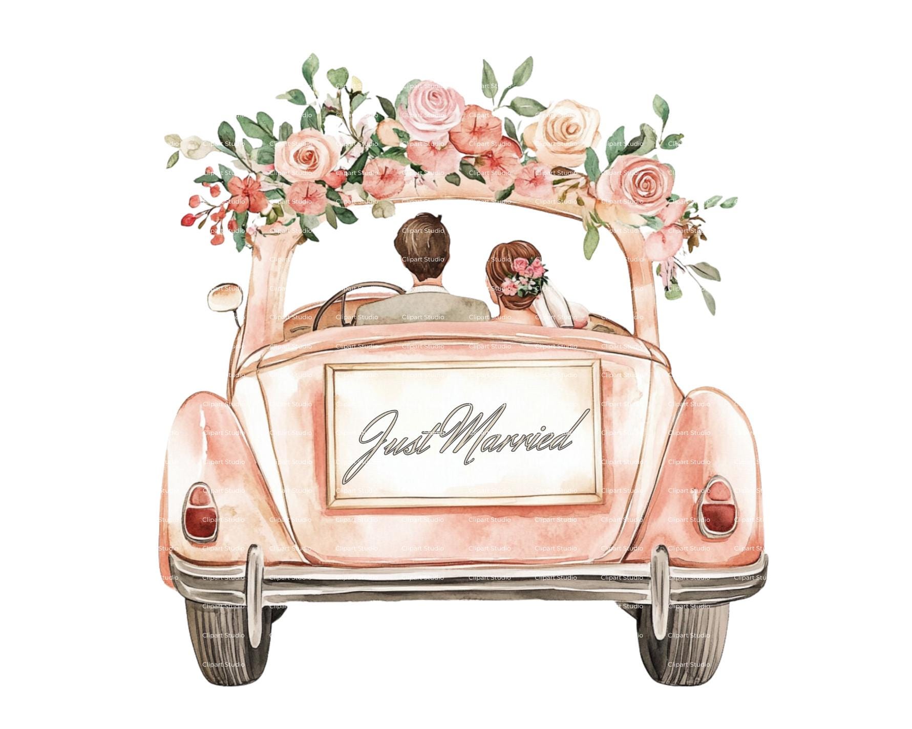 Watercolor Just Married Car Clipart: Bride and Groom PNG (digital