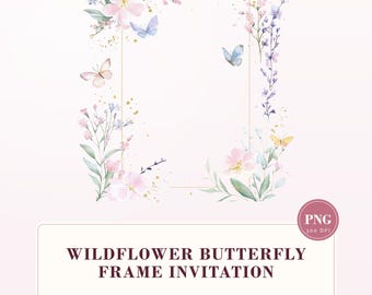 Watercolor Wildflower Butterfly Frame Clipart: Invitation Border (Digital Download)