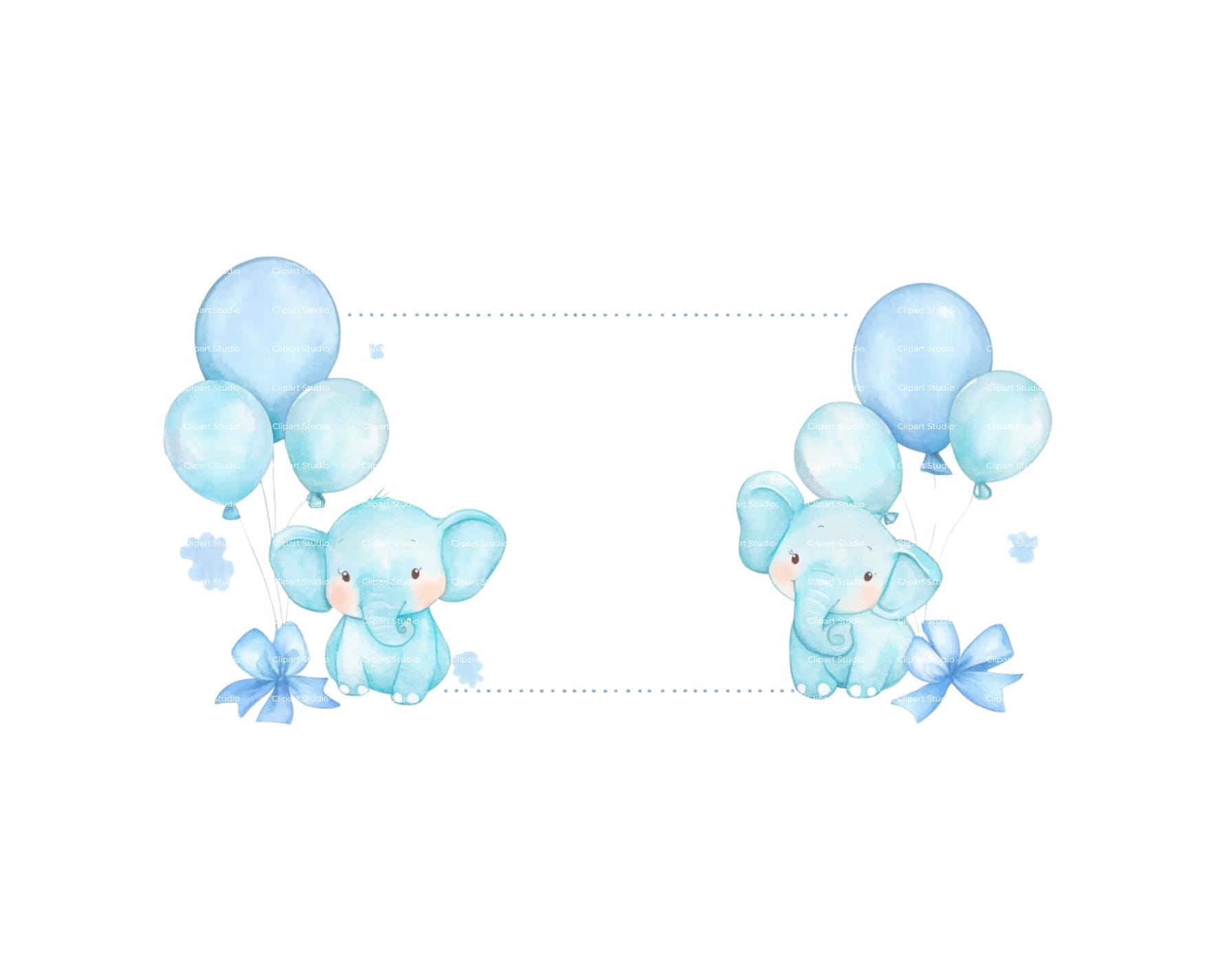 Baby Boy Elephant Clipart Frame: Watercolor Bow Border (PNG Digital Download)