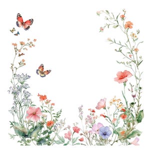 Wildflower vlinder frame clipart rand PNG voor uitnodiging bedankkaart afdrukbare aquarel clipart digitale download junk Journal