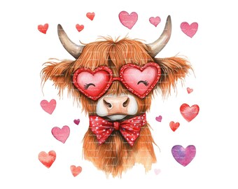 Watercolor Highland Cow Valentine Clipart: Hearts, Bow, Sunglasses (PNG Digital Download)