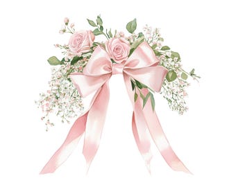 Clipart de acuarela de lazo de cinta rosa coqueta: Diseño floral para boda (Descarga digital)