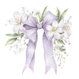 Coquette ruban noeud PNG aquarelle fleur de naissance violet Clipart impression florale colorée Téléchargement numérique instantané Junk Journal