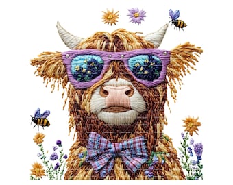 Faux Embroidery Highland Cow Clipart: Wildflower Bow, Sunglasses (PNG Digital Download)
